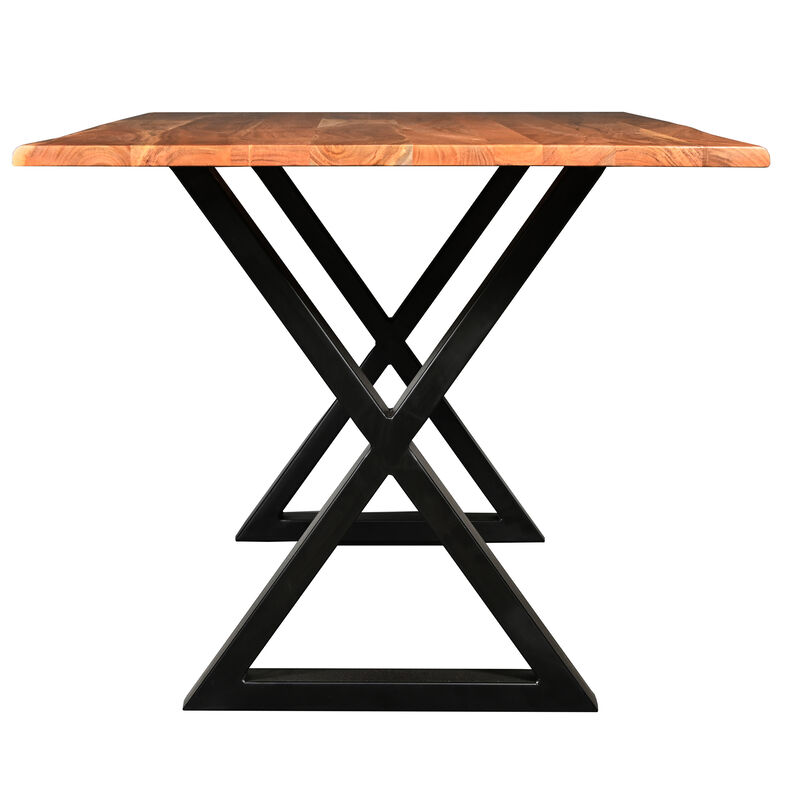 67 Inch Rectangular Dining Table with Crossed Black Metal Legs and Natural Brown Faux Live Edge Acacia Wood Top-Benzara