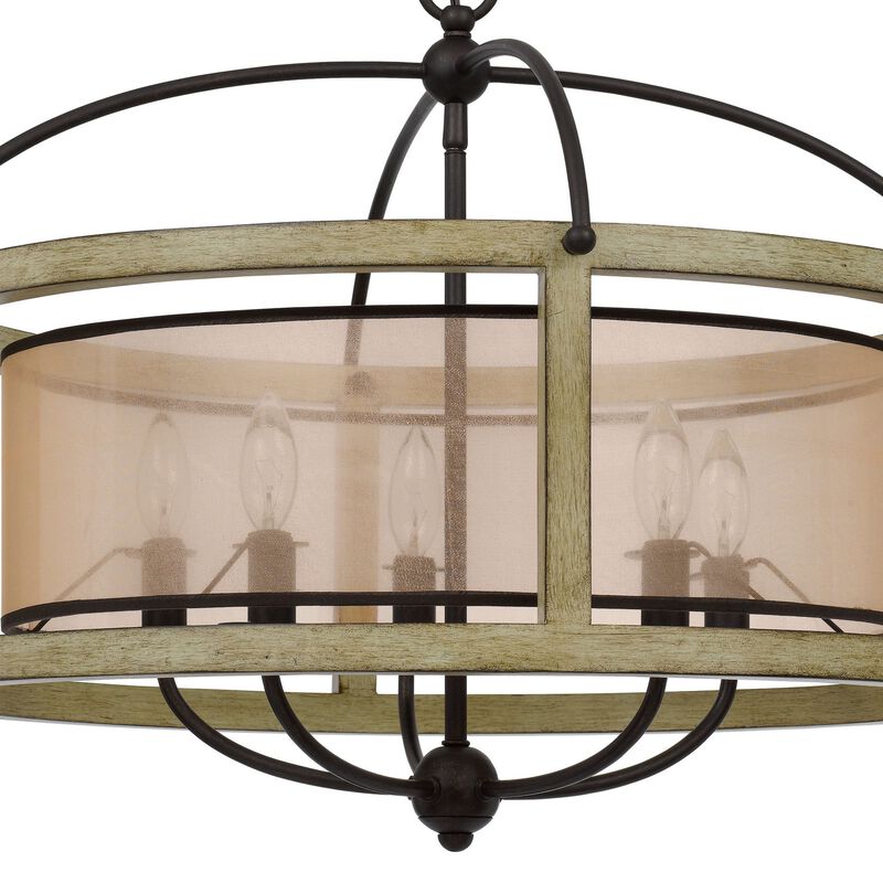 Acia 26 Inch Chandelier, Classic Round Organza Shade Wood, Metal  - Benzara