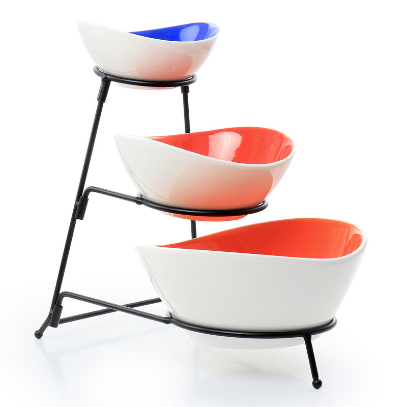 Gibson Home Crenshaw 4 Piece Hand Painted Stoneware 3-Tier Serving Bowl Set with Metal Rack