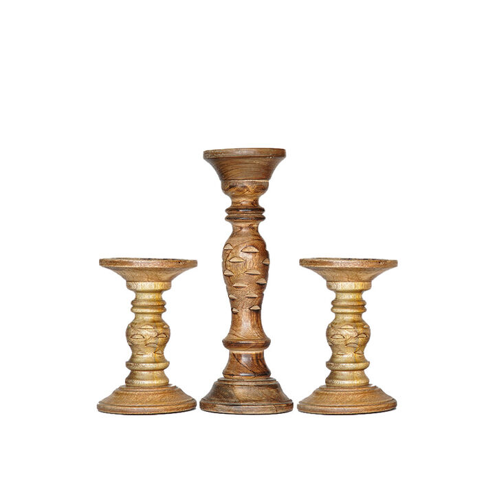 Traditional Medium Burnt Eco-friendly Handmade Mango Wood Set Of Three 6",12" & 6" Pillar Candle Holder