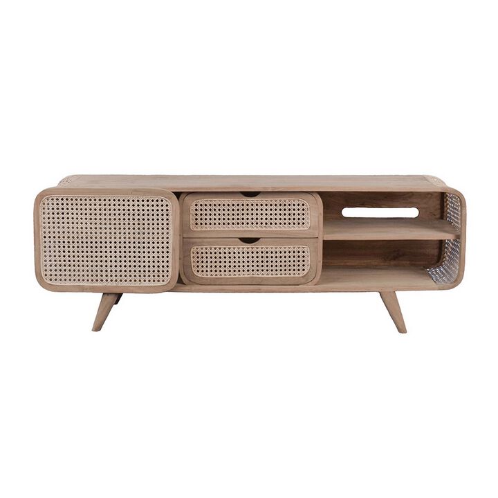 59 Inch TV Entertainment Console, Sliding Doors, Teak Wood, Rattan, Brown - Benzara
