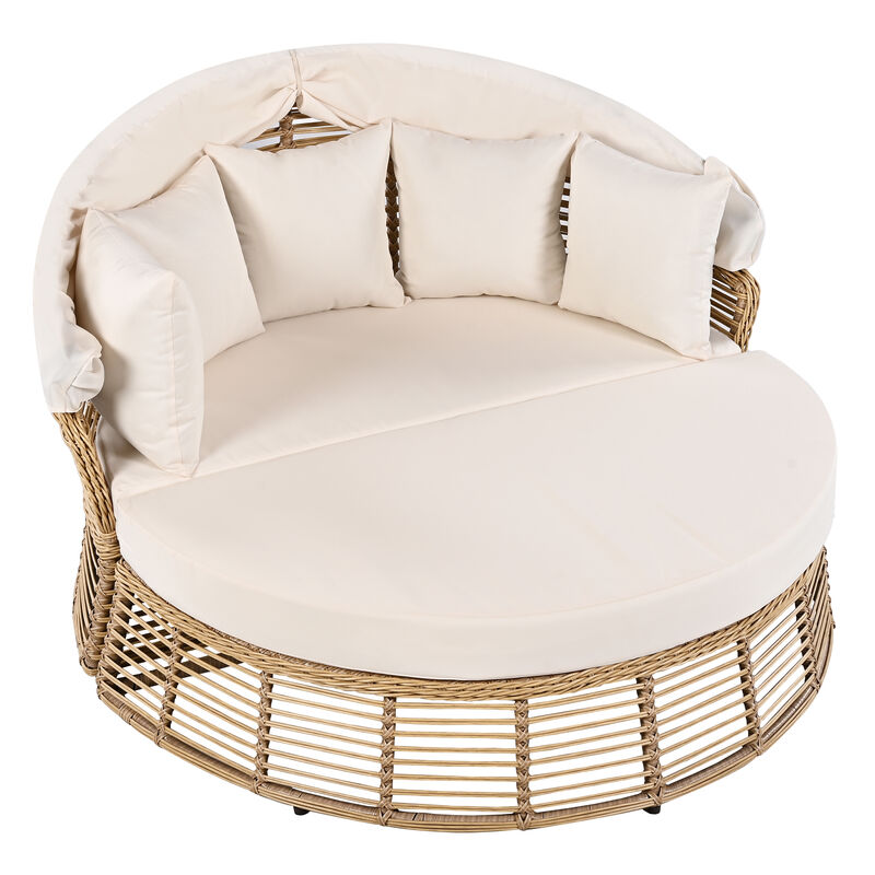 Whisen Outdoor Patio Rattan Round Daybed with Retractable Canopy, Poolside Sofa Sunbed with Removable Cushions - Beige