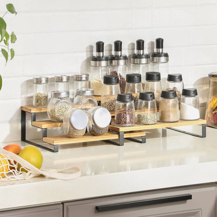 Set of 2 Bamboo Spice Racks - 3-Tier Extendable and Stackable Cabinet Shelf Organizers for Pantry and Countertop