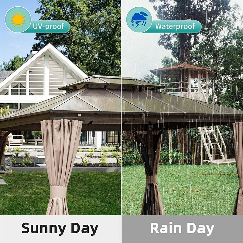MONDAWE 10x12ft Hardtop Gazebo, Permanent Outdoor Gazebo with Polycarbonate Double Roof, Aluminum Gazebo Pavilion with Curtain and Net for Garden, Patio, Lawns, Deck, Backyard(Brown)