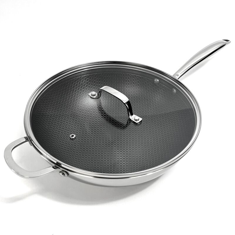 Tri-ply Stainless Steel Diamond Nonstick 5 QT Wok with Glass Lid