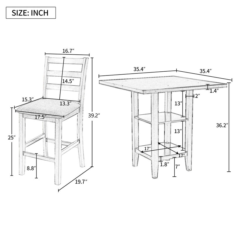 Merax 5-Piece Wooden Counter Height Dining Set with Padded Chairs and Storage Shelving