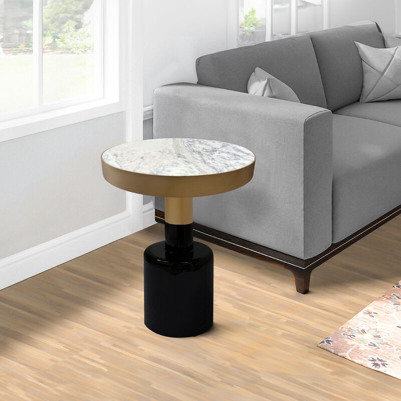 20 Inch Round Side End Table, Gold Banded Natural White Marble Top, Black Enamel Coated Iron Pedestal Base - Benzara