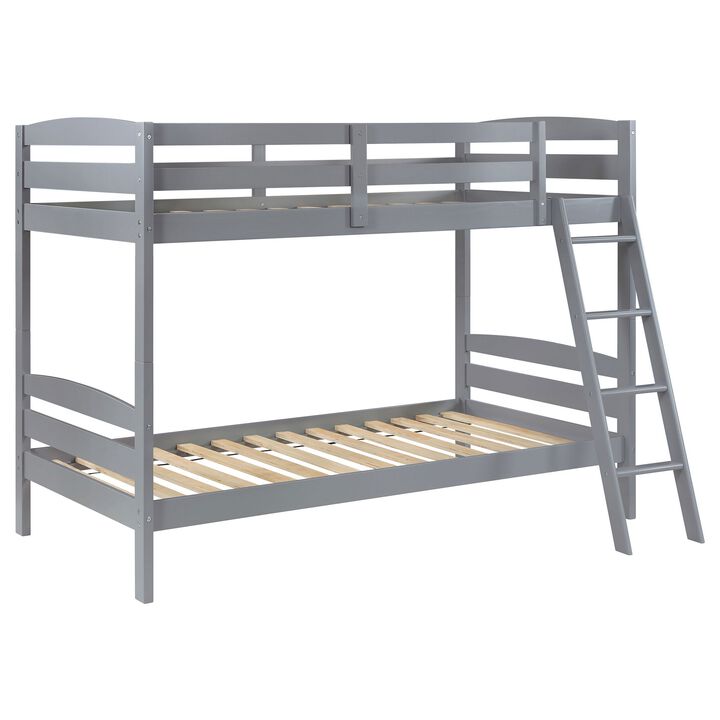 Diana Twin Over Twin Bunk Bed, Safety Rails, Slanted Ladder, Gray Wood - Benzara