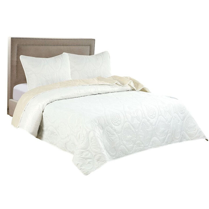Legacy Decor 3 PCS Shell & Seahorse Stitched Pinsonic Reversible Lightweight All Season Bedspread Quilt Coverlet Oversize, Turquoise Color, Queen Size