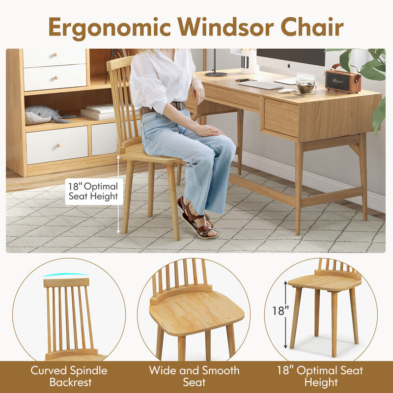 Windsor Dining Chairs Set of 2 with High Spindle Back and Natural Rubber Wood Legs
