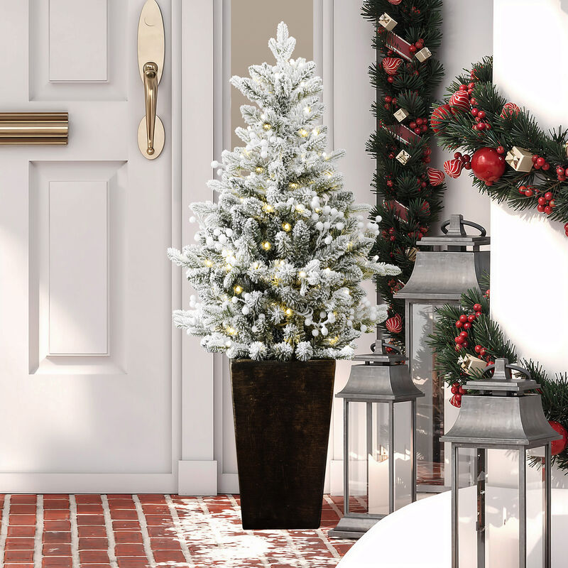 LuxenHome 4Ft Pre-Lit Flocked Artificial Tree in Tall Pot