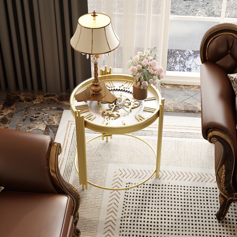 FUFU&GAGA Gold Gear Coffee Table with Spacious Tabletop, Sturdy Metal Legs, Circular Support Ring, Easy Assembly (18.5" W x 18.5" D x 20.5" H), Gold