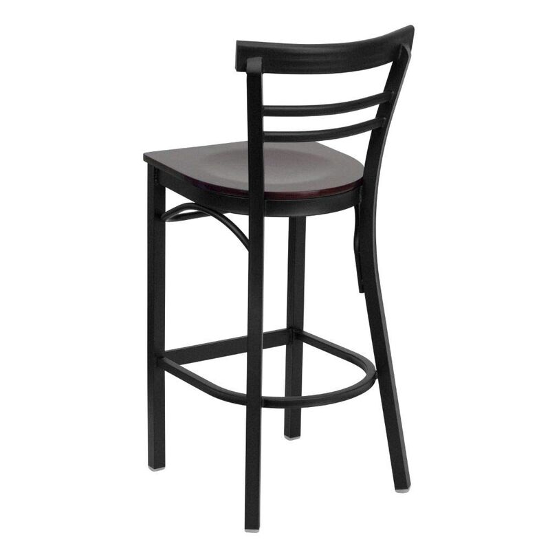 Flash Furniture HERCULES Series Black Two-Slat Ladder Back Metal Restaurant Barstool - Mahogany Wood Seat