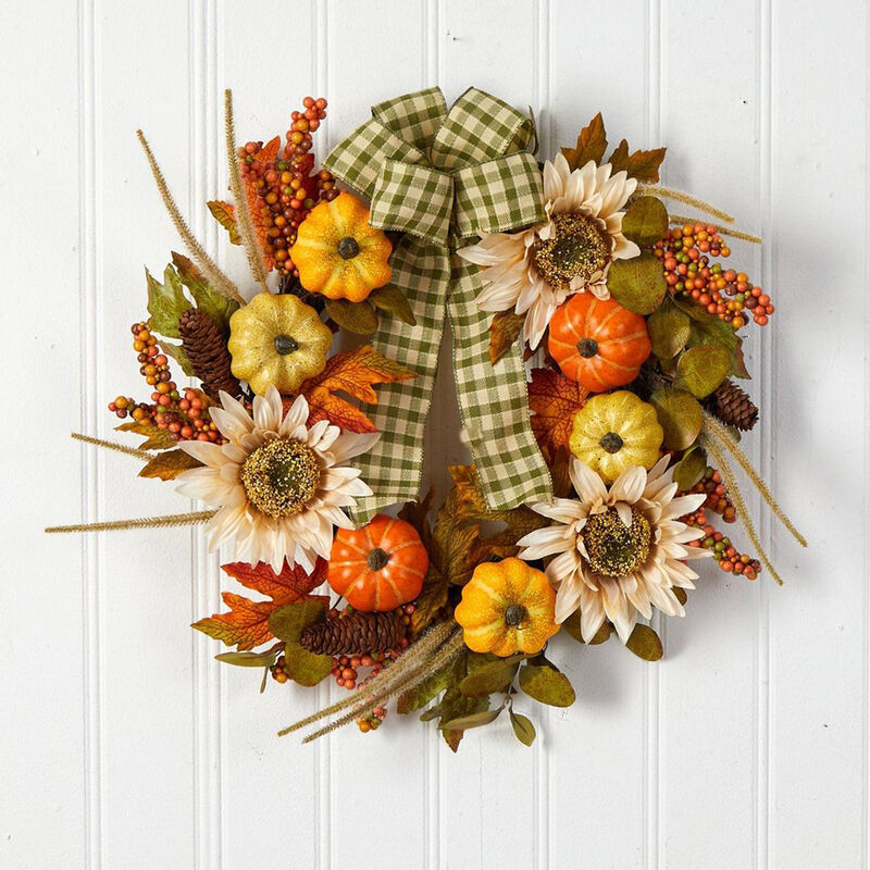 Nearly Natural 24-in Fall Pumpkin, Sunflower Artificial Autumn Wreath with Decorative Ribbon