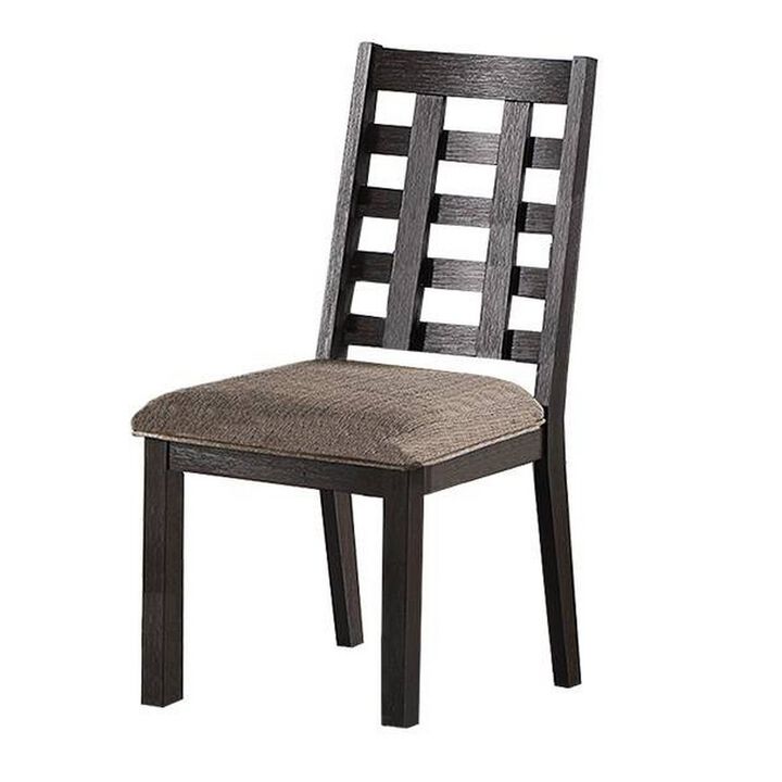 Trixy Dining Chair, Open Square Back, Espresso Wood, Beige Fabric - Benzara