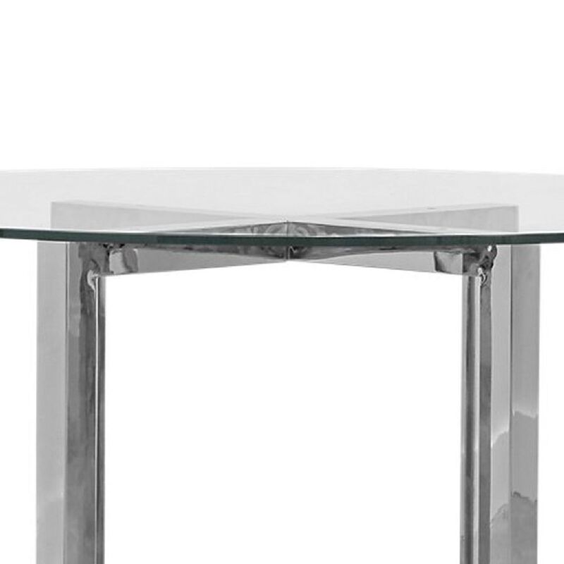 Eun 48 Inch Round Dining Table with Clear Glass Top, Cross Base, Chrome - Benzara