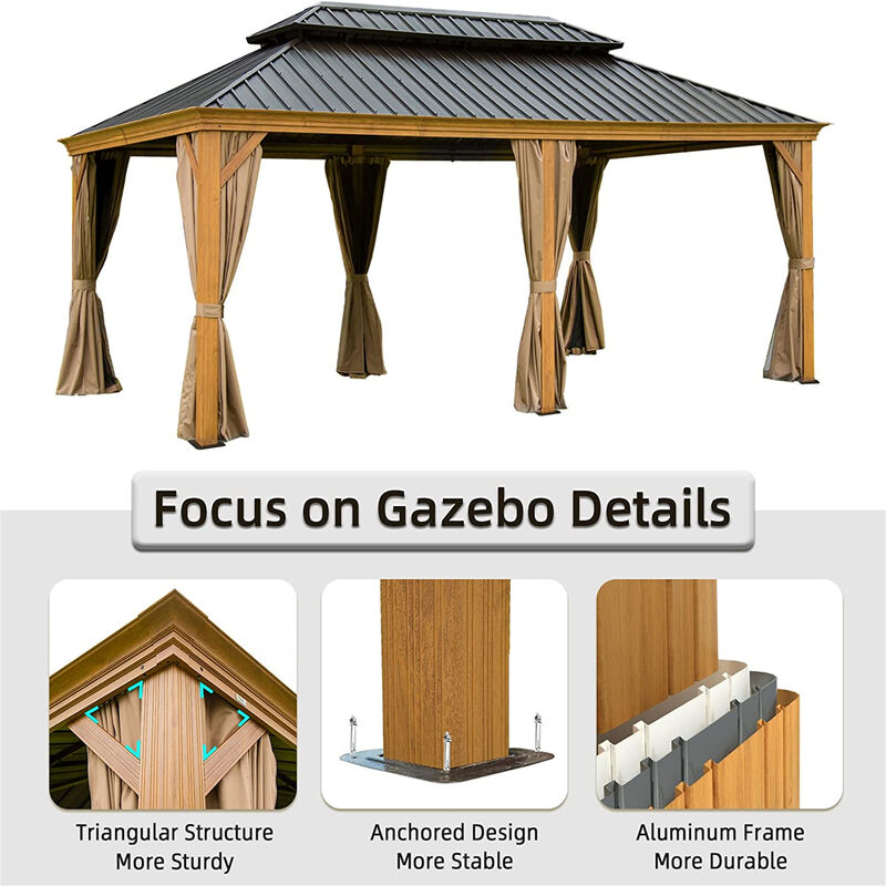 MONDAWE 12x20ft Hardtop Gazebo Outdoor Aluminum Wood Grain Gazebos with Galvanized Steel Double Canopy for Patios Deck Backyard,Curtains&Netting (Wood-Looking)