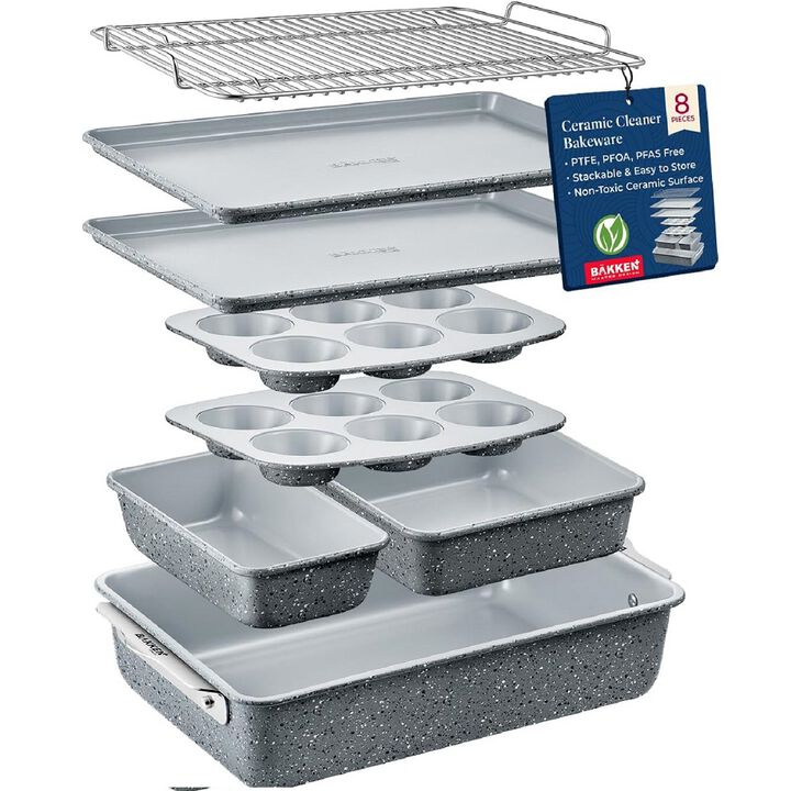 Bakken 8-Piece Stackable Bakeware Set - Ceramic Non-Stick Coating, Baking Sheets, Assorted Baking Pans, PTFE, PFOA & PFOS Free - Healthy Baking, Ergonomic Handles, Cooling Rack, Non-Toxic, Oven-Safe