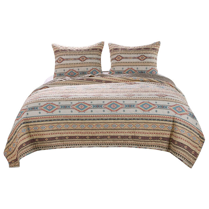 King Size 3 Piece Polyester Quilt Set with Kilim Pattern, Multicolor - Benzara