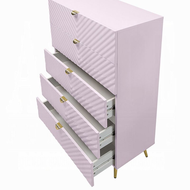 Tyra Tall Dresser Chest, 5 Drawers, Gold, Gloss Pink Chevron Pattern - Benzara