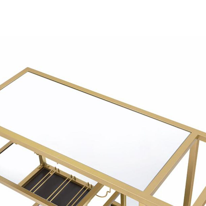 Metal Framed Serving Cart with Wine Bottle Holder and Stemware, Gold and Clear-Benzara
