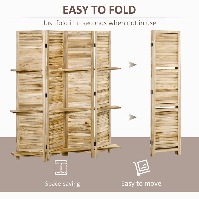 Natural Wood Separator: 4-Panel 5.5ft Room Divider with Shelves