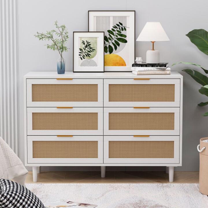 43.31"6-Drawers Rattan Storage Cabinet Rattan Drawer,for Bedroom,Living Room,White