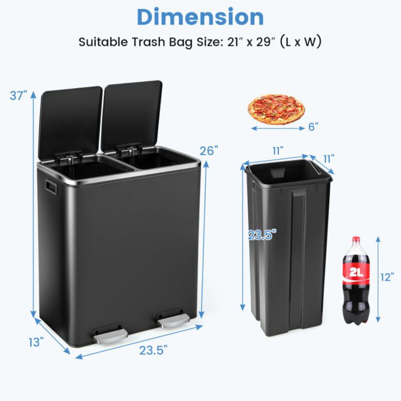 Hivvago 16 Gallon Dual Step Trash Can Recycling Double Bucket Pedal