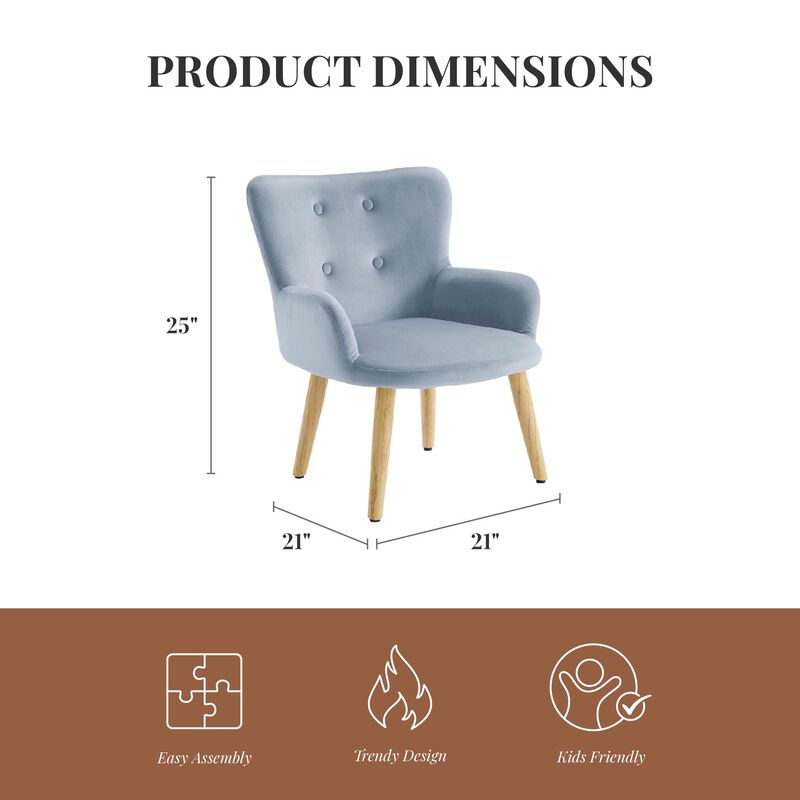 Astrid Kids Upholstered Accent Chair with Pine Legs, Ice Blue Velvet