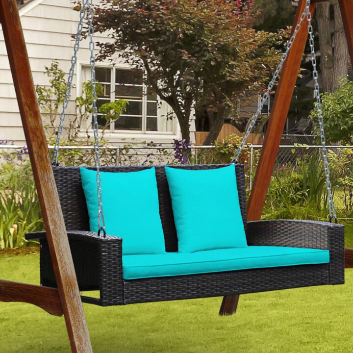 Hivvago 2-Person Wicker Hanging Porch Swing with 2 Back Cushions and 1 Seat Cushion