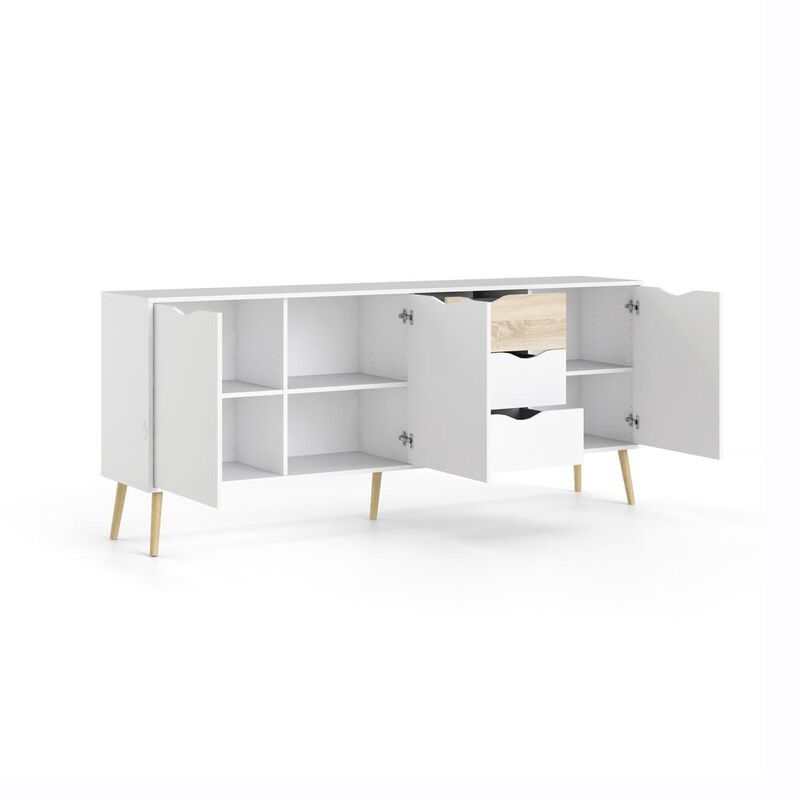 FurniFact White Sideboard Cabinet with Drawers - Stylish Fluted Cabinet for Storage