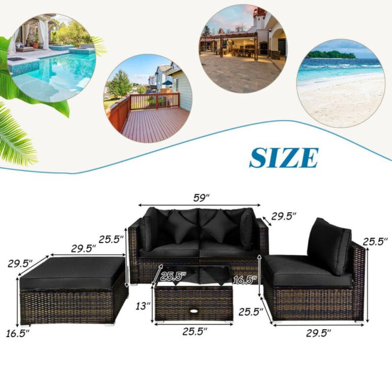 Hivvago 5 Pcs Outdoor Patio Rattan Furniture Set Sectional Conversation with Navy Cushions