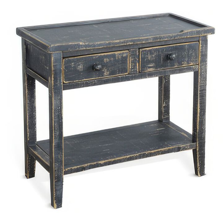 Rena Side End Table, 2 Drawers 1 Shelf, 28 Inch Rustic Black Mahogany - Benzara