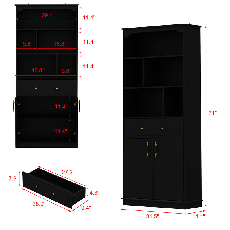 FUFU&GAGA Multi-Tier Storage Cabinet with One Drawer and Two Doors (31.5" W x 11.1" D x 71" H),Black