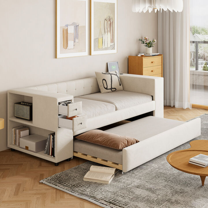 Merax Upholstered Bed with Trundle and USB Charging Ports