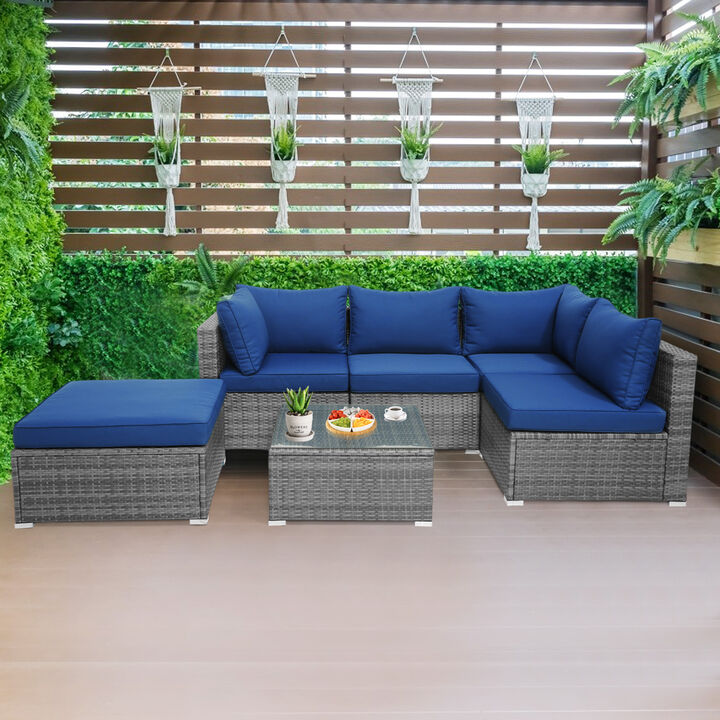 6 Pieces Outdoor Rattan Sofa Set with Seat and Back Cushions-Navy