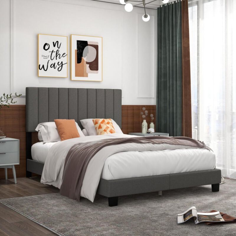 Hivvago Queen Size Upholstered Bed Frame with Vertical Channel Tufted Headboard Gray