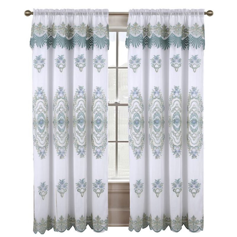 RT Designers Collection Dayton Emb Attached Valance Backing Blackout Window Curtains 50" x 84" White/Teal