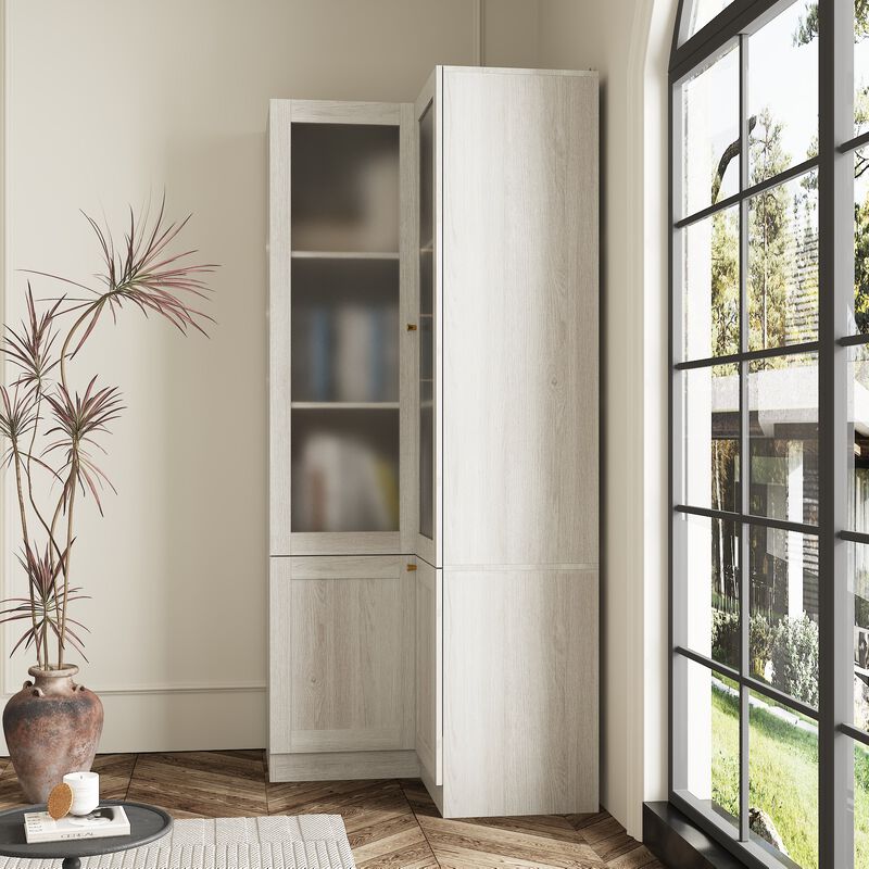 FUFU&GAGA Modern Wood Grain Corner Bookcase with Adjustable Shelves and Glass Doors (31.5" W x 70.9" H x 31.5" D), Wood Grain