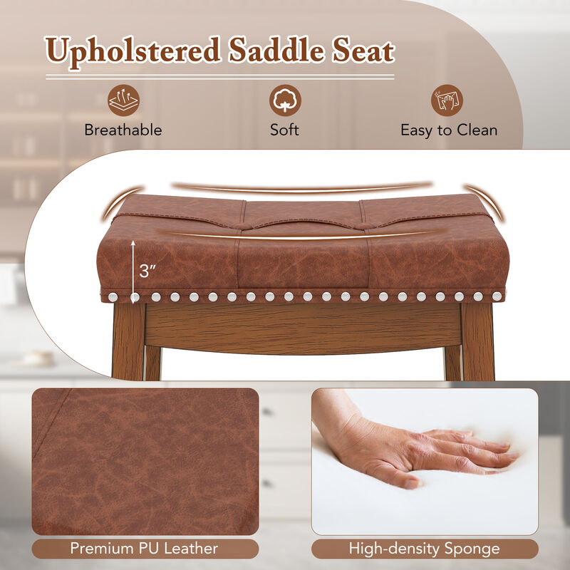 Set of 2 Upholstered PU Leather Bar Stools with Saddle Seat
