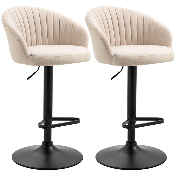 HOMCOM Adjustable Bar Stools Set of 2, Modern Counter Height Barstools, Linen Fabric Upholstered Kitchen Stools with Swivel Seat, Steel Frame, Footrest, Beige