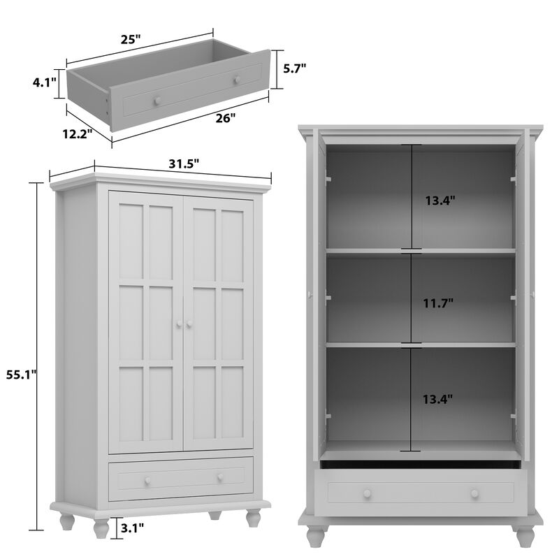 White Wooden Sideboard, Storage Cabinet, with 3 Shelves, 2 Doors and 1 Drawer, for Kitchen and Living room