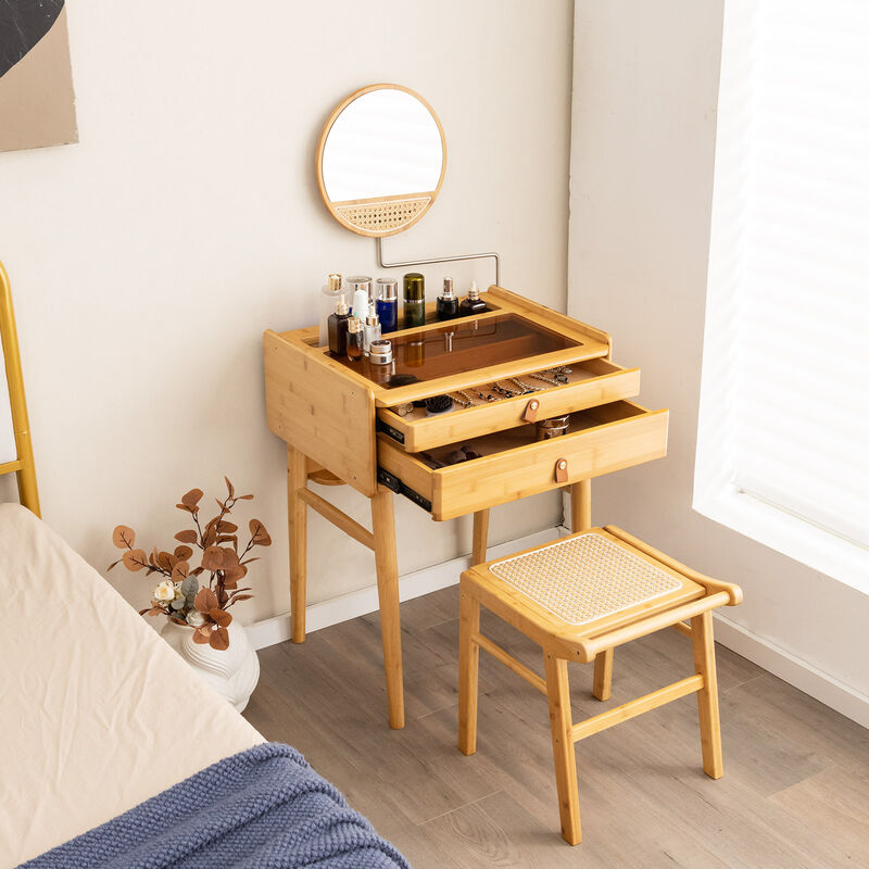 Natural Wicker Vanity Stool with Rattan Top and Reinforcement Bar