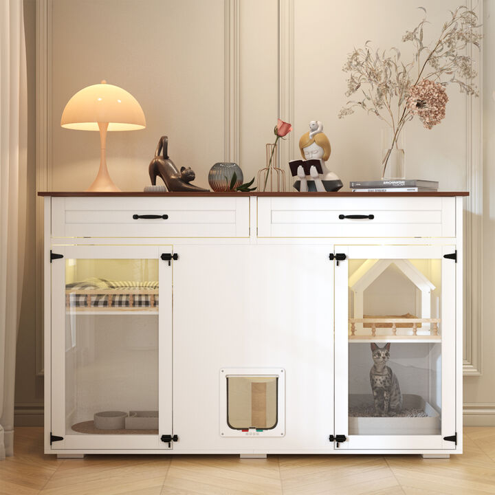FUFU&GAGA White Cat Cabinet with Metal Lock, Cat Hole, Metal Hinges, Cable Management, Raised Feet & Metal Slide, (63" x 23.6" x 39.4"),White