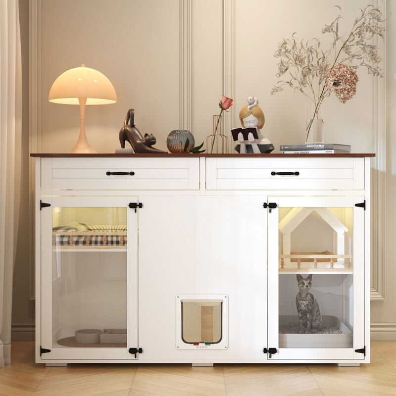 FUFU&GAGA White Cat Cabinet with Metal Lock, Cat Hole, Metal Hinges, Cable Management, Raised Feet & Metal Slide, (63" x 23.6" x 39.4"),White