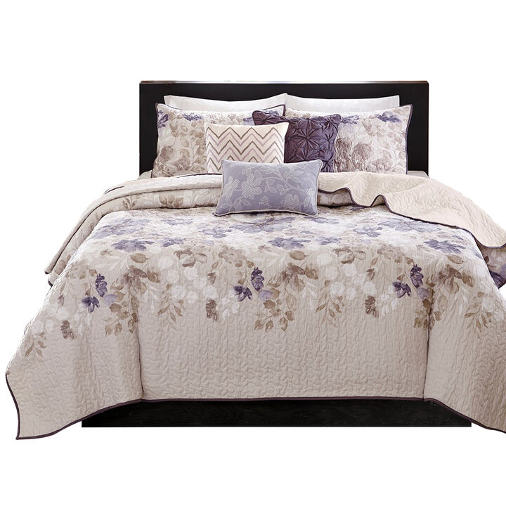 Gracie Mills Ezekiel Tranquil Blossoms 6-Piece Printed Quilt Set with Throw Pillows
