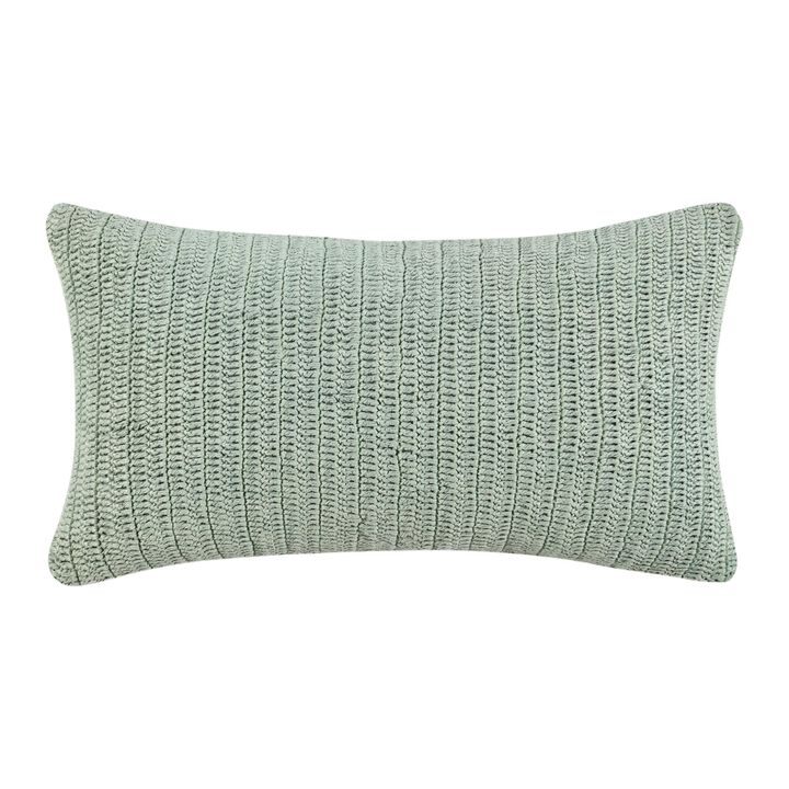 Lumbar Accent Throw Pillow, 14 x 26, Green Linen Hand Knit Texture - Benzara