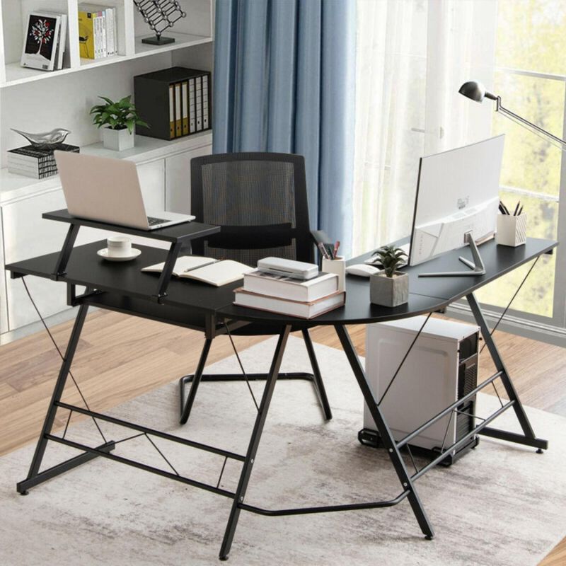 Hivvago L Shaped Computer Desk Home Office Workstation with Movable Monitor Stand