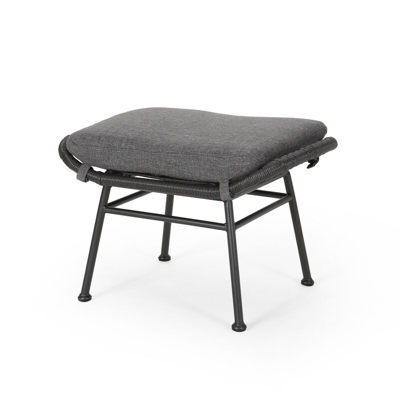 Margo Outdoor Ottoman Set of 2, 24 Inch Black Iron, Gray Cushion -Benzara
