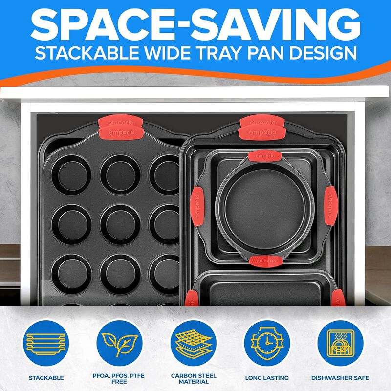 Baking Pan Set - Nonstick Coating, Carbon Steel Bakeware Set with Red Silicone Handles, PFOA, PFOS, PTFE Free, Recipe Booklet Included, Oven Safe Tray (Up To 450° F), Set of 25 - Black